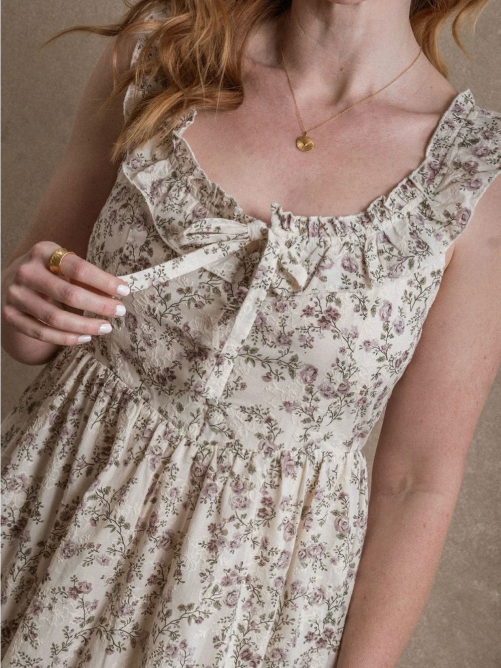 Sleeveless Cream Floral Midi Dress with Ruffle Tie Front - Picture 2 of 2